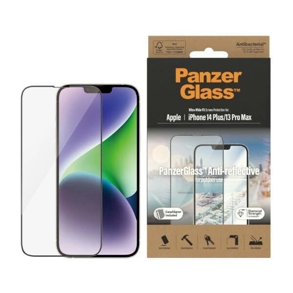 PanzerGlass Ultra-Wide Fit antibakterielt herdet glass med antirefleks og stativ for iPhone 14 Plus / 13 Pro Max