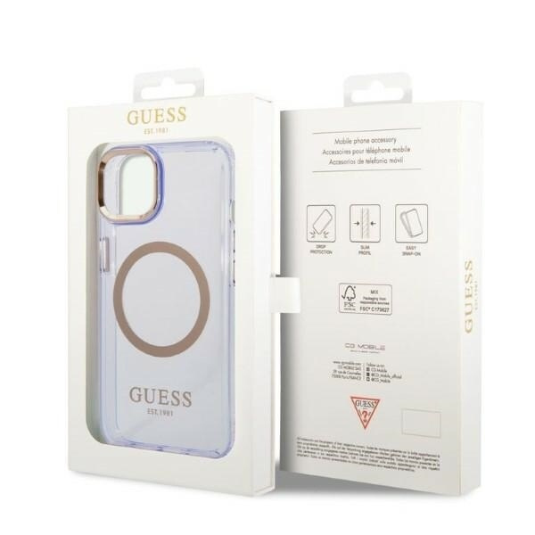 Guess GUHMP14SHTCMU iPhone 14 6.1 lilla/lilla hardt deksel Gold Outline gjennomsiktig MagSafe