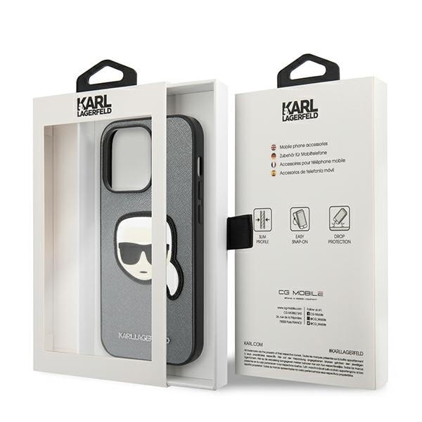 KARL LAGERFELD SAFFIANO KARL'S HEAD PATCH COVER TIL IPHONE 14 PRO - SØLV