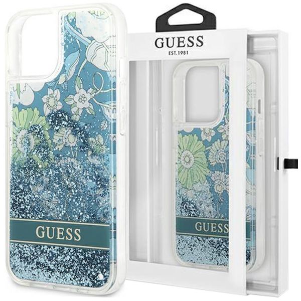 Guess GUHCP13MLFLSN iPhone 13 6.1 grønn/grønn hardt deksel Flower Liquid Glitter