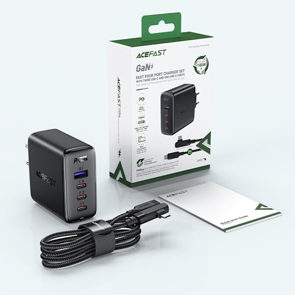 ACEFAST HURTIG NETVÆRKSLADER 3XUSBC/1XUSBA 100W SORT + KABEL 100W 2M