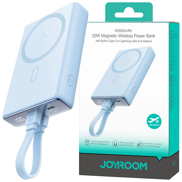 Powerbank Joyroom JR-PBM01 magnetisk 10000mAh 20W med stativ + Lightning-kabel - USB-C - blå
