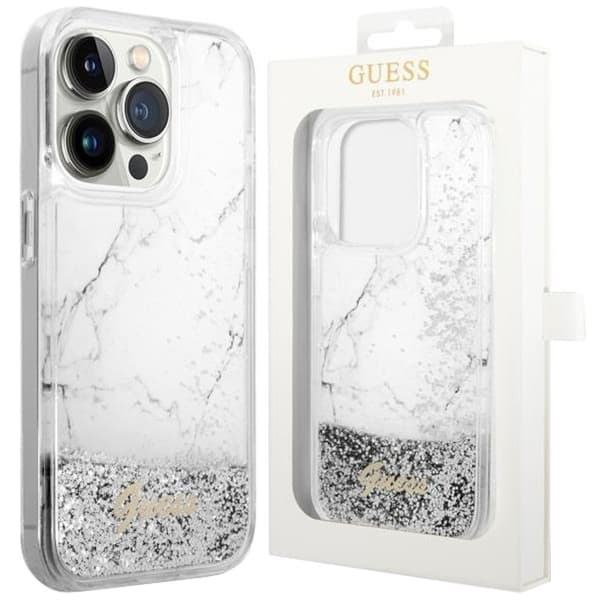 Guess GUHCP14LLCSGSGH-deksel til iPhone 14 Pro - hvit flytende glittermarmor
