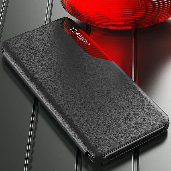Eco Leather View Case for Samsung Galaxy A14, klaff og rødt stativ