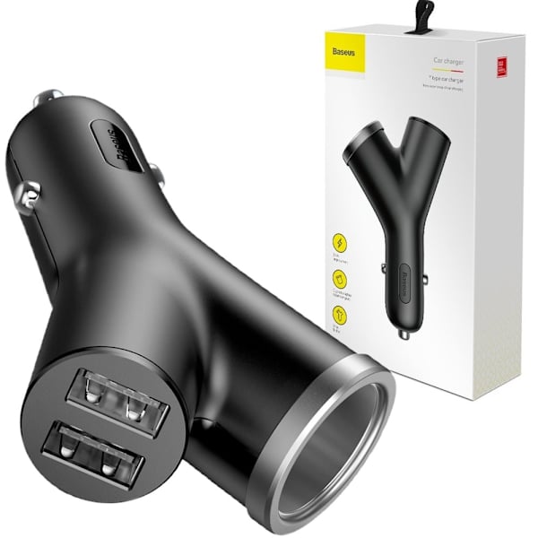 Baseus Y Type Billader billader 2x USB + sigarettennertilkobling 3,4A svart (CCALL-YX01) Svart
