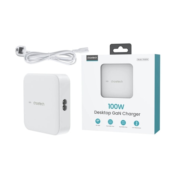CHOETECH HURTIG NETVÆRKSLADER GAN 100W 2X USB-A / 2X USB-C HVID