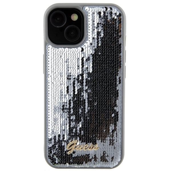 Guess Sequin Script Metalldeksel til iPhone 15 - sølv