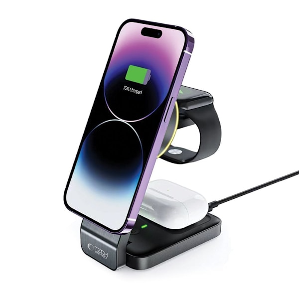 TECH-PROTECT QI15W-A28 3IN1 MAGNETISK MAGSAFE TRÅDLØS LADER SORT