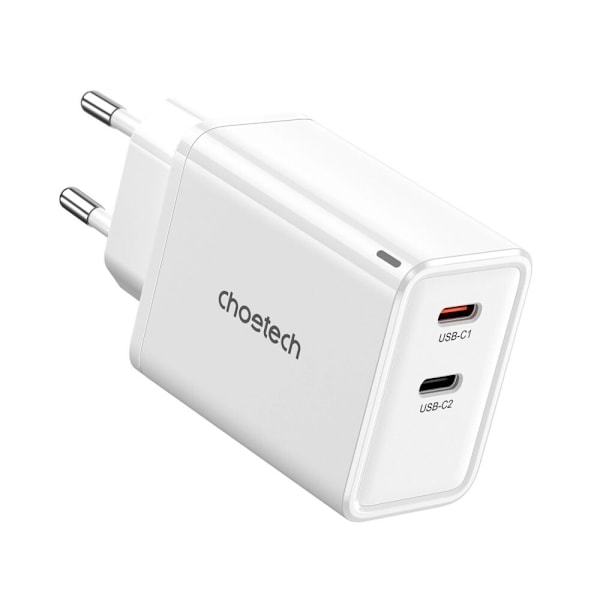 CHOETECH HURTIG NETVÆRKSLADER 2X USB-C PD 65W GAN HOLDBAR HVID