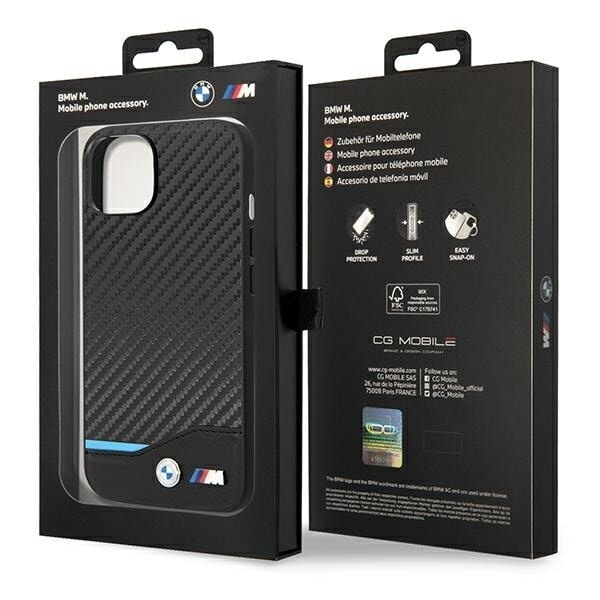 BMW LÆDER CARBON ETUI TIL IPHONE 14 PLUS - SORT