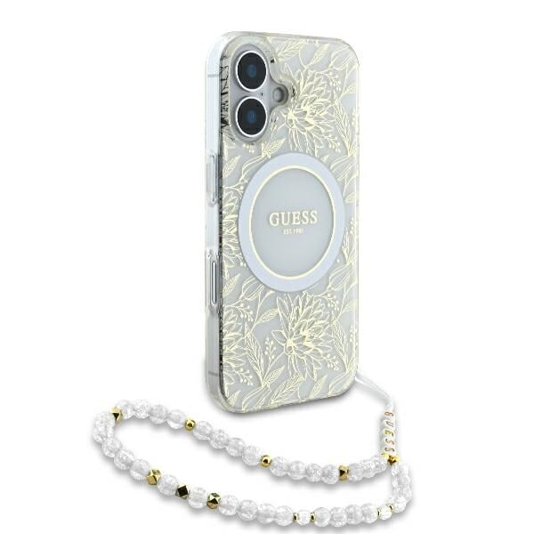 Guess GUHMP16SHCPOFPH iPhone 16 6,1" vit/vit hardcase IML Flowers Allover Electro With Pearl Strap MagSafe