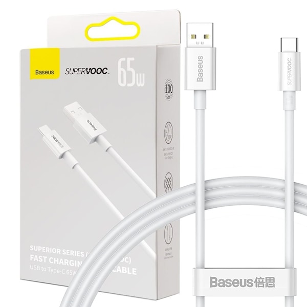 Baseus Superior Series SUPERVOOC USB-A-USB-C-kabel 65W 1m hvit