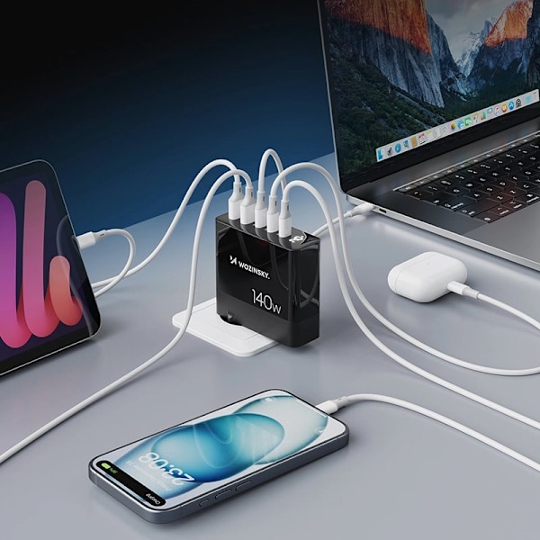 Wozinsky CGWCB 140W GaN vegglader 3 x USB-C / 2 x USB-A - svart