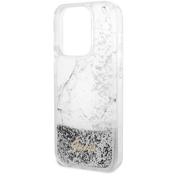 Guess GUHCP14LLCSGSGH-deksel til iPhone 14 Pro - hvit flytende glittermarmor
