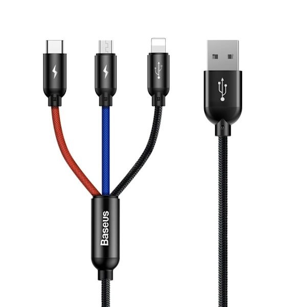 Baseus tre primærfarger 3-i-1 USB-A - mikro-USB / Lightning / USB-C 3,5A-kabel 0,3 m - svart