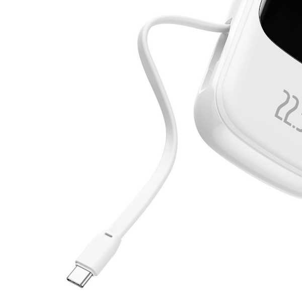 Baseus Qpow Digital Display Powerbank med hurtiglading 20000mAh 22,5W QC/PD/SCP/FCP med innebygd USB-C-kabel hvit