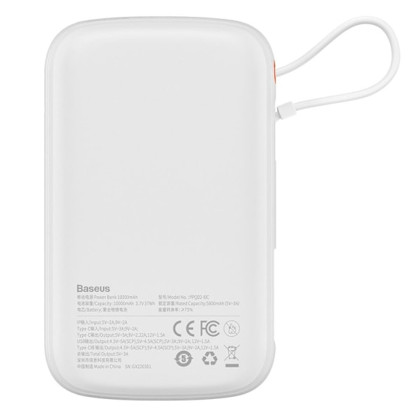 Baseus Qpow Powerbank 10000mAh Innebygd USB Type C-kabel 22,5W Hurtiglading SCP AFC FCP Hvit (PPQD020102)
