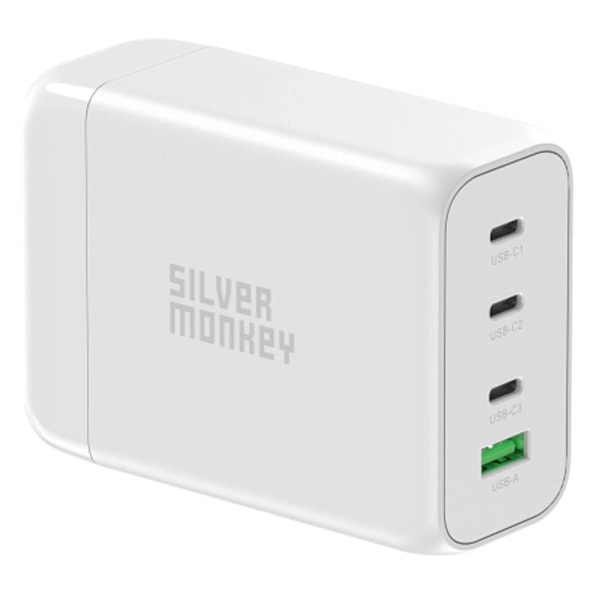 Silver Monkey SMA152 130 W GaN-lader 3xUSB-C PD USB-A QC 3.0 med avtakbar strømledning - hvit