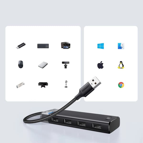UGRØN MULTIFUNKTIONEL HUB MED 4 USB-PORTE OG USB STRØMKABEL SORT