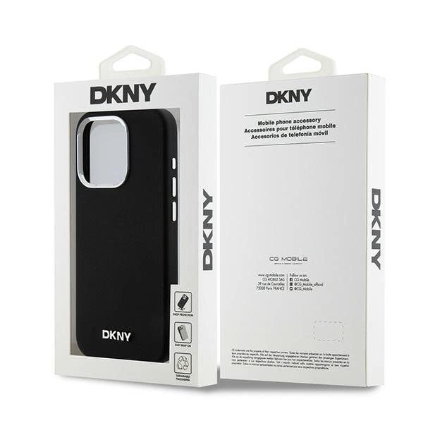 DKNY flytende silikon liten metalllogo MagSafe-deksel til iPhone 15 Pro - Svart