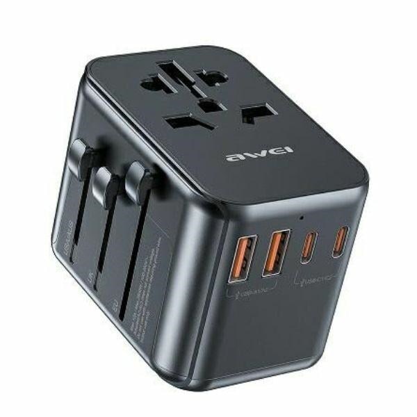 AWEI nätverksadapter 2xUSB+3xUSB-C C-39 35W 4in1 US/AU/EU/UK svart/svart Universal Travel GaN-laddare