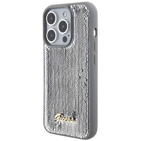 Guess Sequin Script metalldeksel til iPhone 15 Pro Max - Sølv