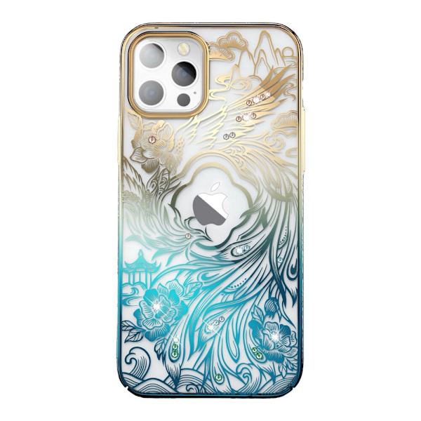 Luksus iPhone 14 Plus-deksel med Kingxbar Phoenix-krystaller - gull og blått