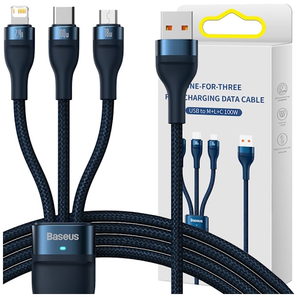 Baseus Flash-seriekabel USB - USB Type C / Lightning / micro USB 100 W 1,2 m blå (CASS030003)