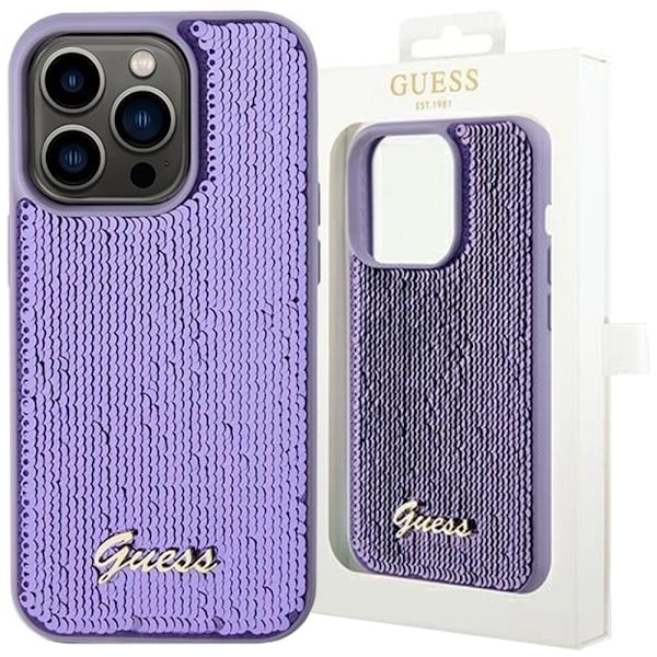 Guess Sequin Script metalldeksel til iPhone 14 Pro - lilla