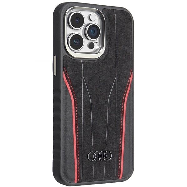 AUDI ÆGTE LÆDER ETUI MED MAGSAFE TIL IPHONE 15 PRO MAX - SORT OG RØD