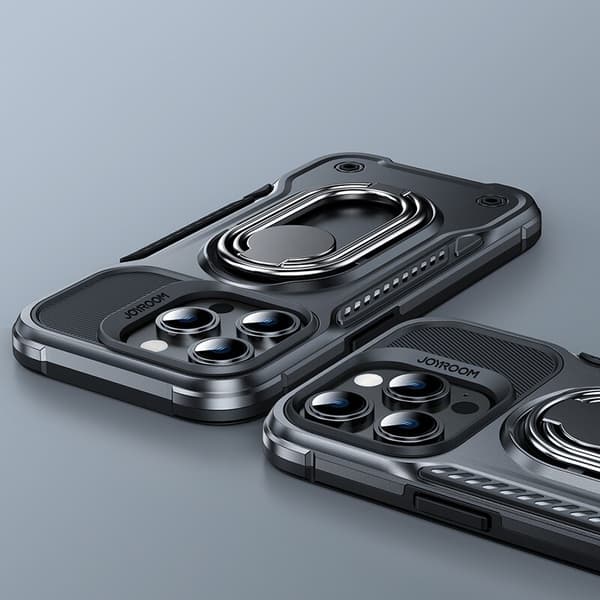 Joyroom Dual Hinge iPhone 14-deksel, pansret deksel med stativ, ringholder, sort
