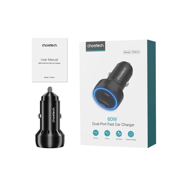 Choetech TC0014 USB-C USB-A PD 60W billader med LED-bakgrunnsbelysning - Svart
