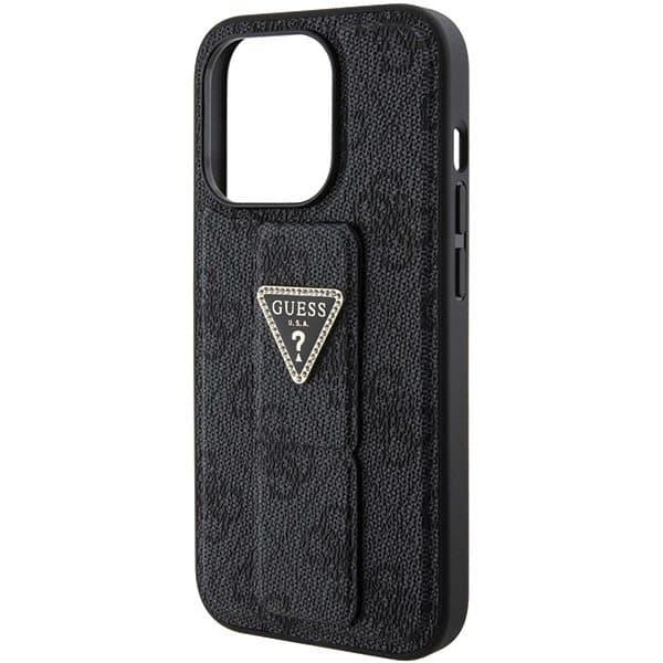 Guess Grip Stand 4G Triangle Strass-deksel til iPhone 15 Pro - Svart