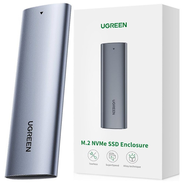 Ugreen M.2 SSD-stasjonsdeksel USB 3.2 Gen 2 (SuperSpeed​​​​​​​​​​​​​​​​​​​​​​​​​​​​ ​​​​​​​​​​​​krig ​​​​​​​​​​a + USB Type C-kabel 0,5 m grå Grå