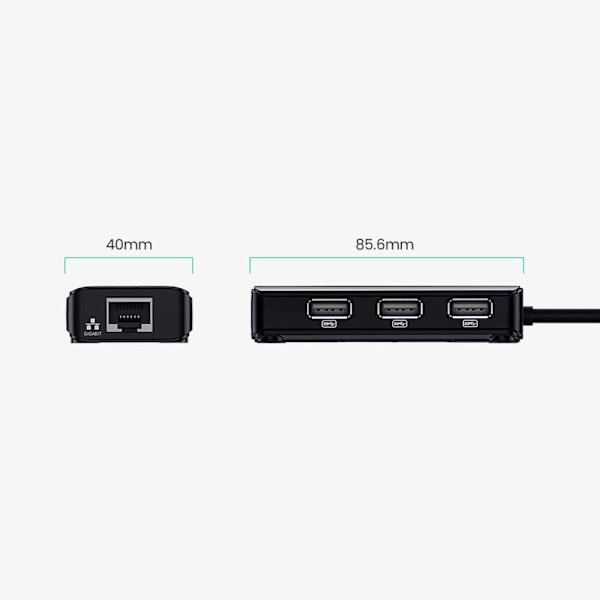 Ugreen 20264 RJ45 / USB-A 10/100 Mbps HUB nettverksadapter 3x USB-A 2.0 - svart