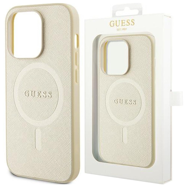 Guess GUHMP15LPSAHMCB iPhone 15 Pro 6.1 gull/gull hardt deksel Saffiano MagSafe