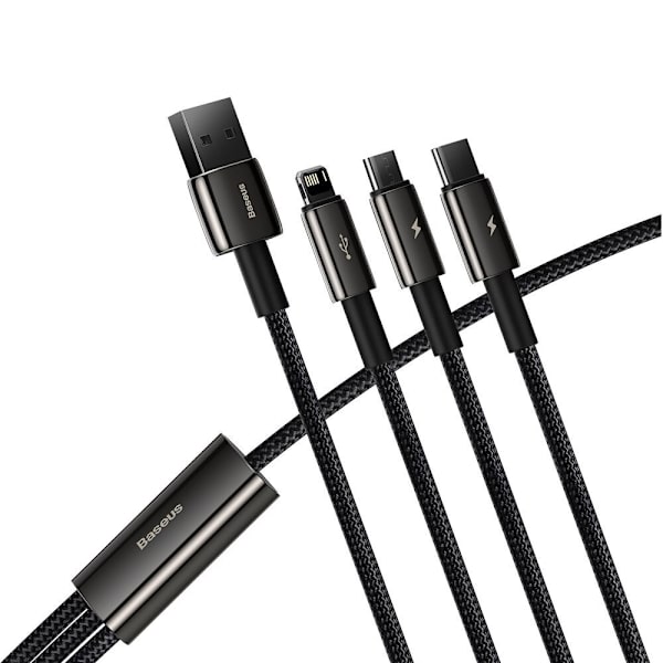 Baseus Tungsten 3-i-1 kabel USB - USB Type C / Lightning / micro USB 3,5 A 1,5 m svart (CAMLTWJ-01)