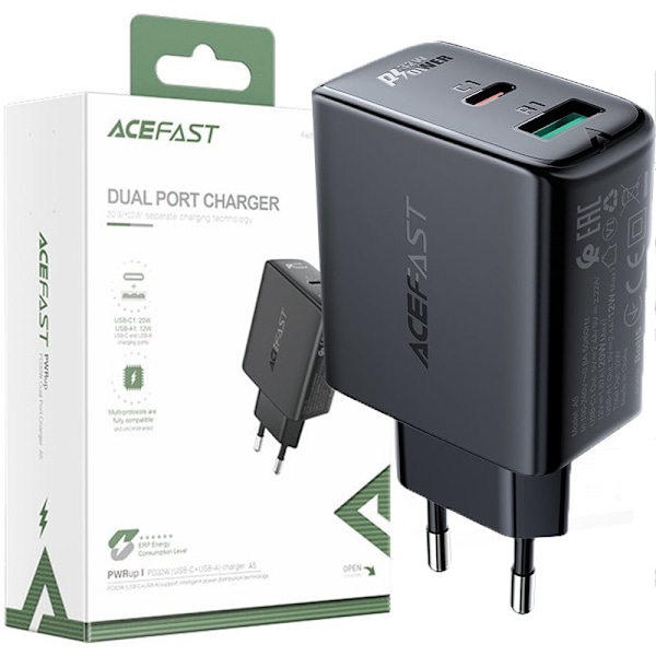 Acefast vegglader USB Type C / USB 32W, PPS, PD, QC 3.0, AFC, FCP svart (A5 svart)
