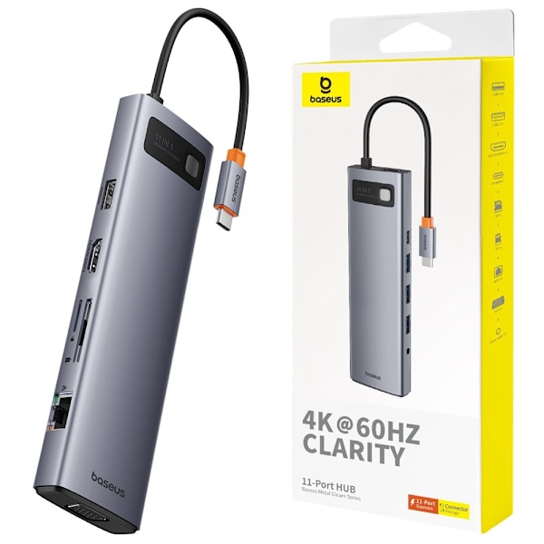 HUB 11in1 Baseus Metal Gleam Series USB-C - USB-C PD / 3x USB-A 3.0 / USB-A 2.0 / HDMI / VGA / AUX / RJ-45 / SD TF - grå