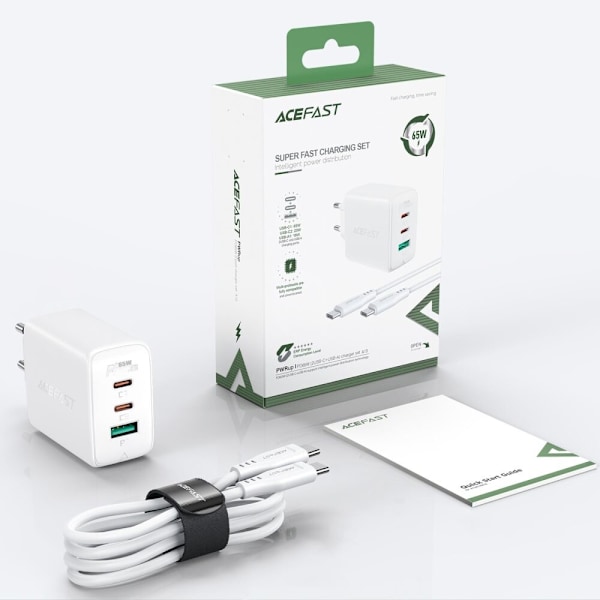 ACEFAST 2I 1 NETVÆRKSOPLADER 2X USB C / USB 65W, PD, QC 3.0 + HVID KABEL