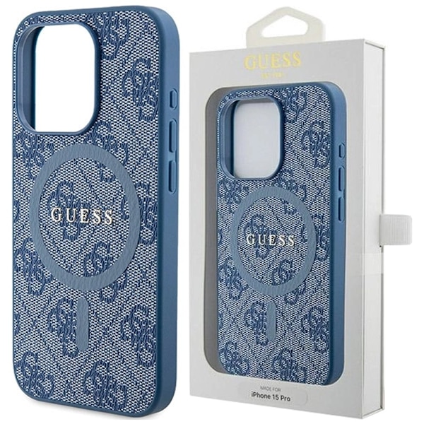 Guess 4G Collection Leather Metal Logo MagSafe-deksel til iPhone 15 Pro - Blå