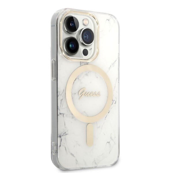 Guess sett MagSafe lader + deksel til iPhone 14 Pro 6.1 hvit marmor (GUBPP14LHMEACSH)