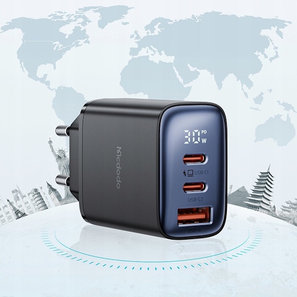 MCDODO FAST TV-LADER IPHONE 2XUSB-C 1XUSB PD 30W LED MÄTARE
