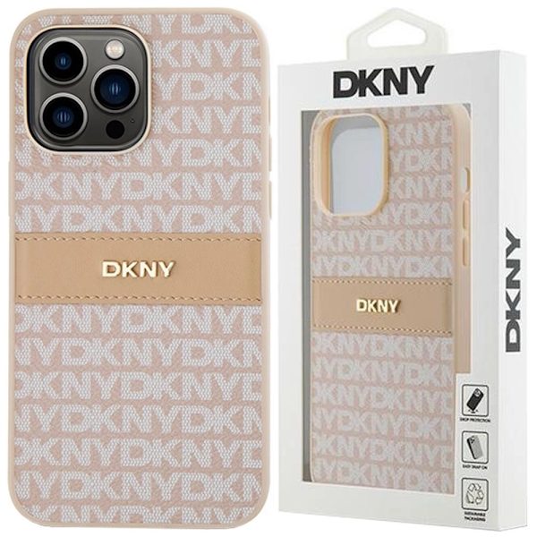 DKNY Leather Mono Stripe & Metal Logo beskyttelsesdeksel til iPhone 15 Pro Max - rosa