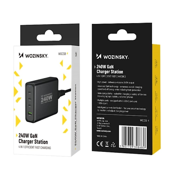 Wozinsky WGCSB 240W GaN vegglader USB-A / 3 x USB-C - svart
