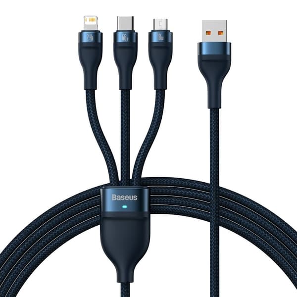 Baseus Flash Series 3-i-1 hurtigladekabel USB-A-USB-C / Micro-USB / Lightning 66W 480Mb/s 1,2m blå