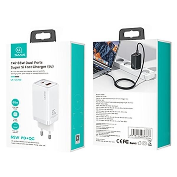USAMS Lad. nätverk. 1xUSB-C+1xUSB T47 65W (endast huvud) PD Snabbladdning Super Si vit/vit CC153TC02 (US-CC153)