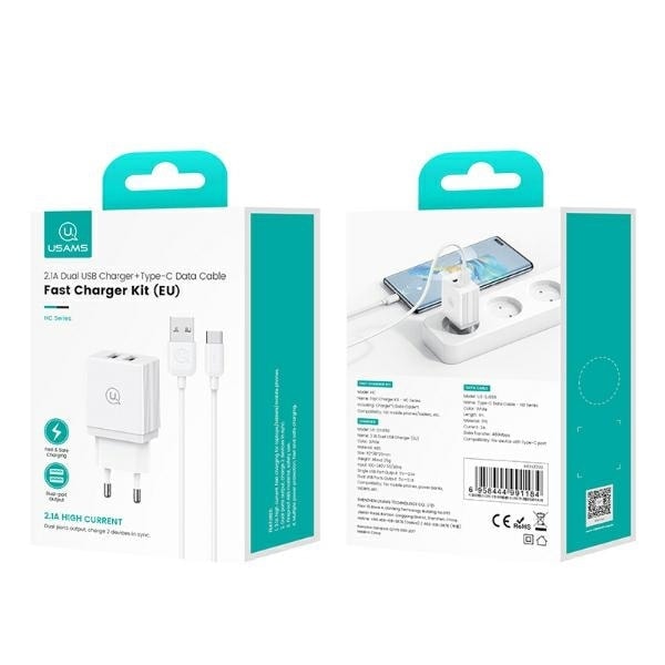 USAMS Lad. nätverk. 2xUSB-A + USB-C/USB-A Snabbladdningskabel vit/vit serie HC HCCLTZ03