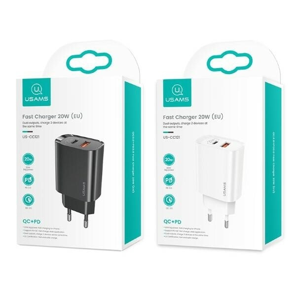 USAMS Lad. nätverk. 1xUSB-C+1xUSB T35 20W (endast huvud) PD3.0 +QC3.0 Snabbladdning svart/svart CC121TC02 (US-CC121)