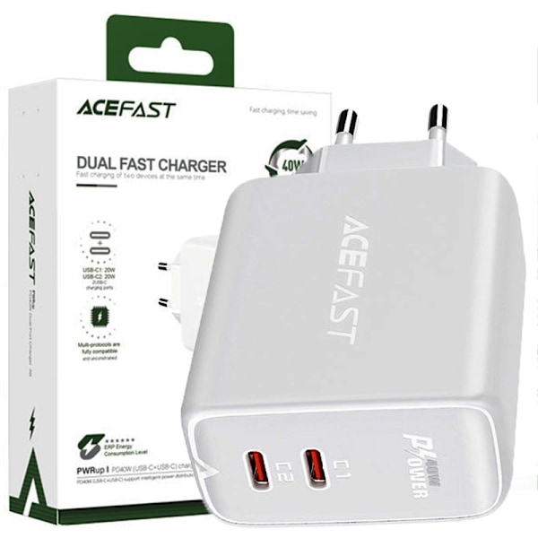 ACEFAST NETVÆRKSOPLADER 2X USB C 40W, PPS, PD, QC 3.0, AFC, FCP WHITE